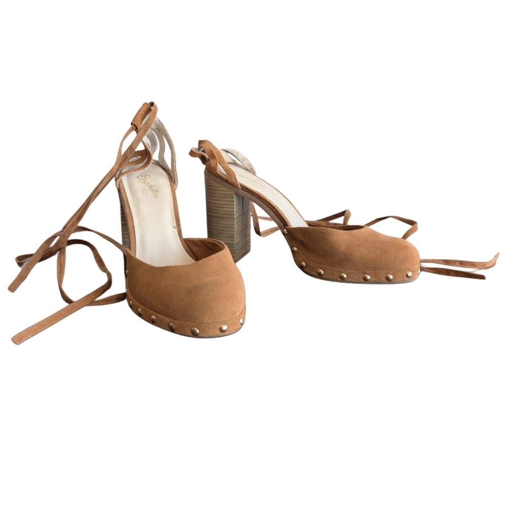 Seychelles Size 10 Tan Suede Leather Chunky Heel‎ Tie Up Closed Toe